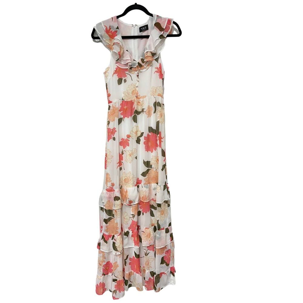 VICI Collection dress white floral print tiered chiffon - Picture 2 of 5
